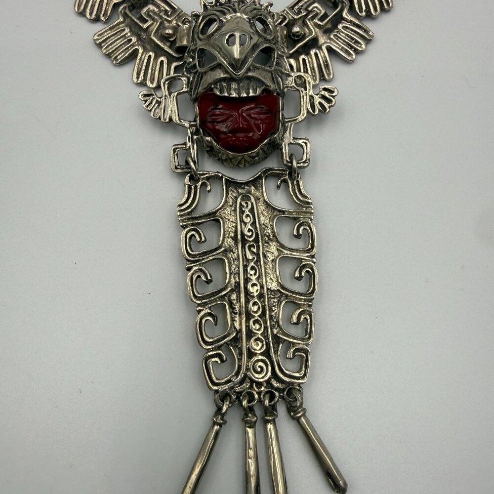 Heavy Sterling Silver Taxco Mexico Eagle Warrior Necklace Carved Amethyst Face - Picture 2 of 6